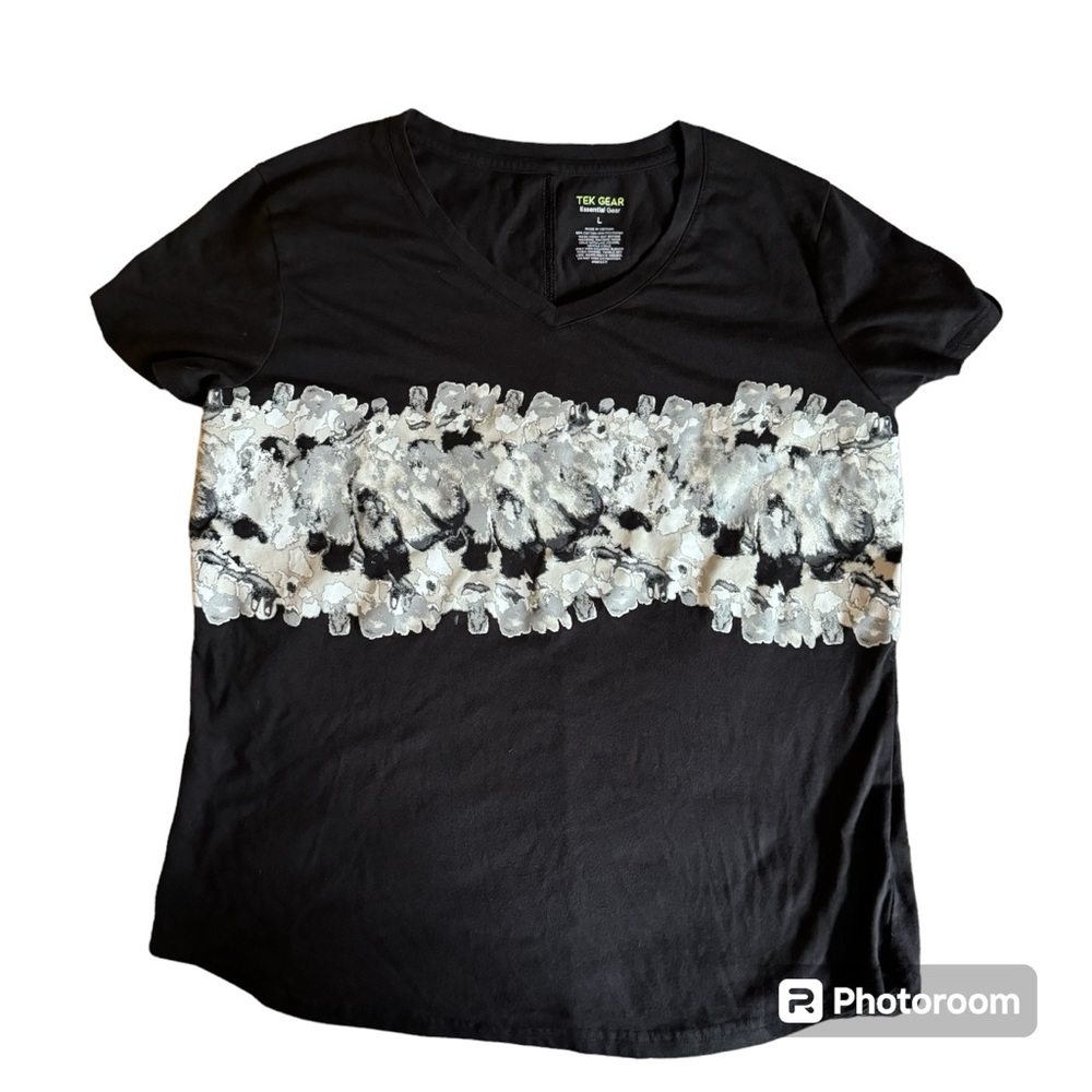 Tek Gear Women’s Black Marbled Front Workout Short Sleeve Tee size L